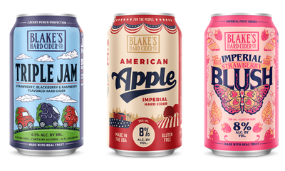Cans of Blake's Hard Cider Triple Jam, American Apple and Imperial Strawberry Blush