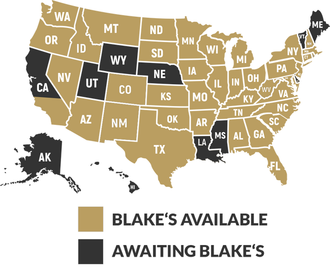Map of the United States showing where Blake's Hard Cider is available. Available in every state except California, Utah, Wyoming, Nebraska, Louisiana, Mississippi, Alaska and Hawaii, which are marked as awaiting Blake's.