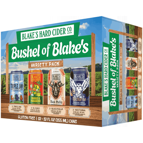 Bushel of Blake's Variety Pack 12-pack carton, angled view showing the front and right side panels
