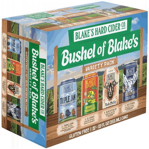 Bushel of Blake's Variety Pack 12-pack carton, angled view showing the front and left side panels