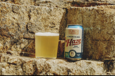 Blake's Hard Cider American Haze can beside a poured glass on sunlit stone steps