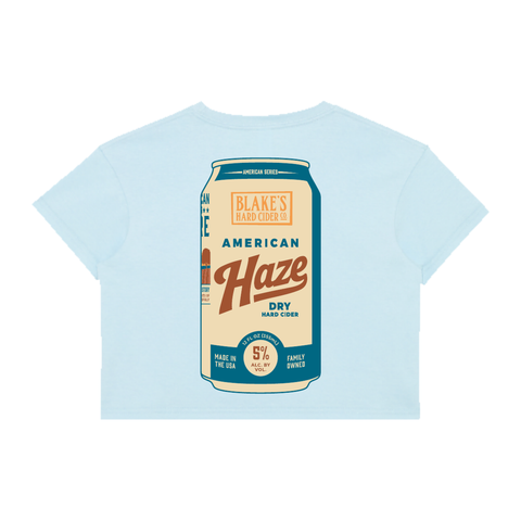 American Haze women's crop tee in baby blue, back with full American Haze can graphic
