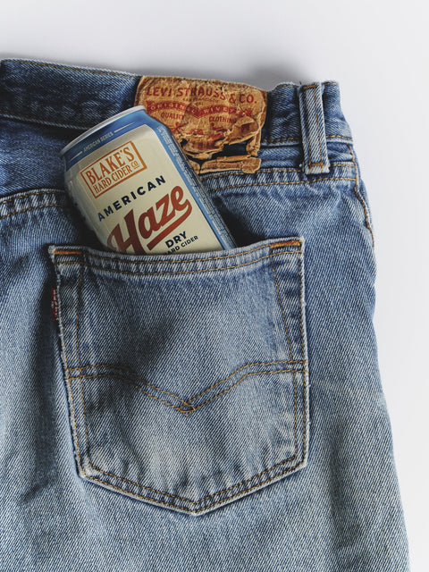 Blake's American Haze can tucked in the back pocket of blue jeans