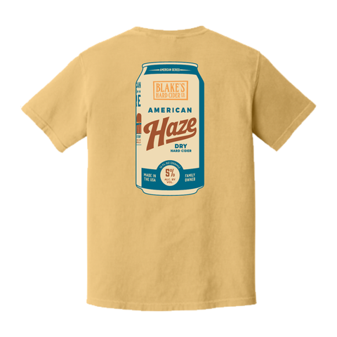 American Haze staple tee in mustard, back with full American Haze can graphic